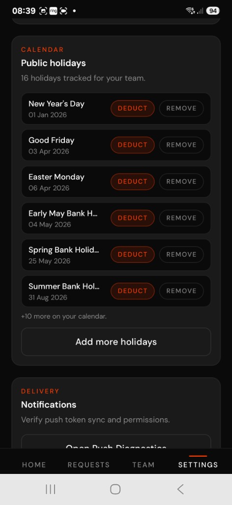 LeaveTrac public holidays screen with deduct and remove options