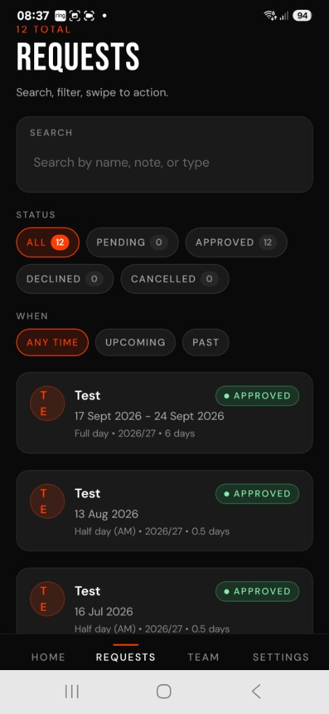 LeaveTrac requests screen showing approved full-day and half-day leave